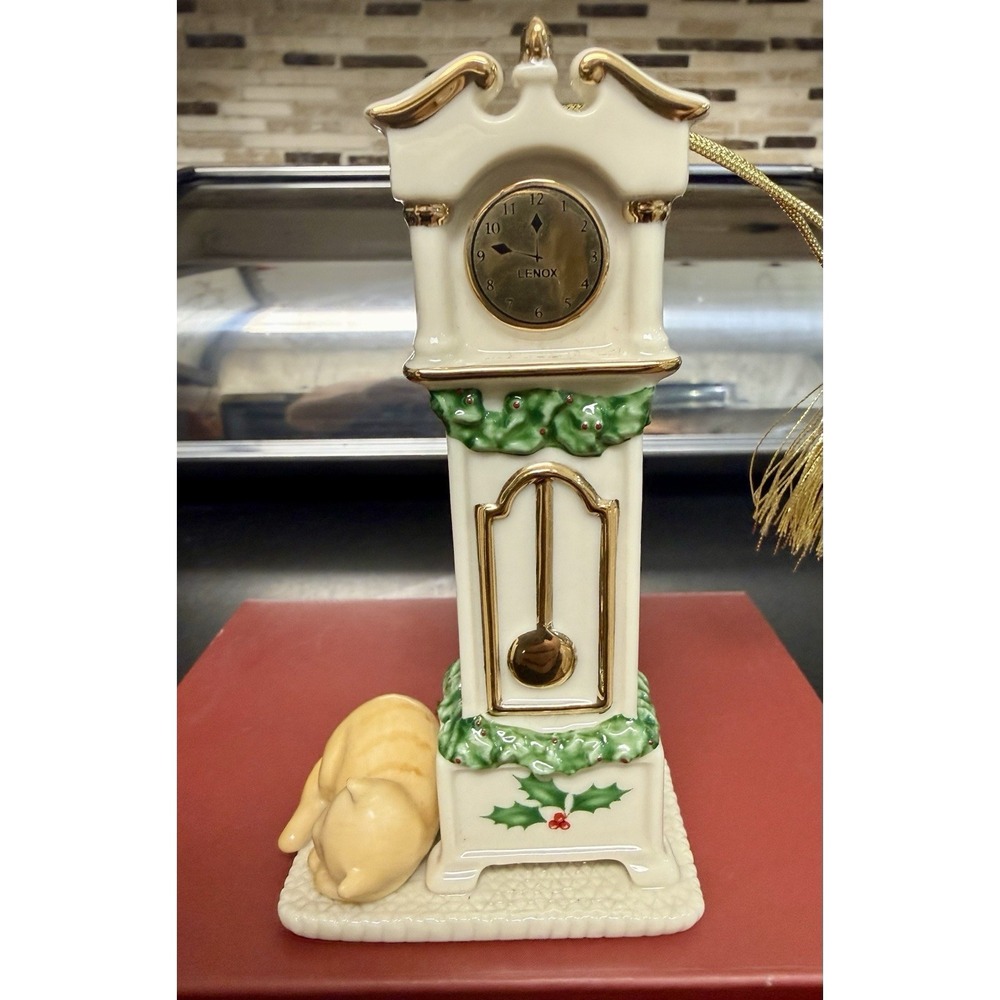 Lenox Porcelain Grandfather Clock W/Sleeping Cat Christmas Ornament 4 5/8"- NIB